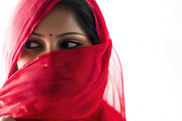 Fototapeta premium A woman wears a red veil covering her face, conveying mystery and secrecy