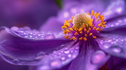 Macro shot of purple flower adorned with dewdrops closeup image. Flowering plant orange stamen. Floral close up photography. Nature-inspired elegance. Botanical harmony concept photo