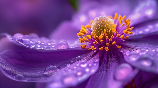 Macro shot of purple flower adorned with dewdrops closeup image. Flowering plant orange stamen. Floral close up photography. Nature-inspired elegance. Botanical harmony concept photo