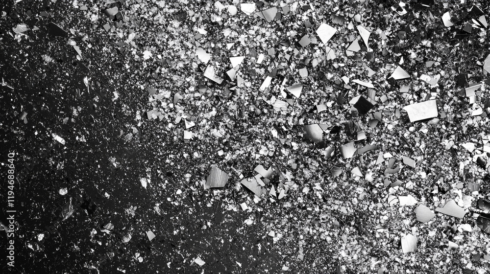 Poster metallic shards scatter across a dark surface, creating a striking contrast in texture and tone