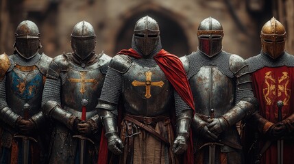 A group of armored knights stand together, united in their quest or loyalty