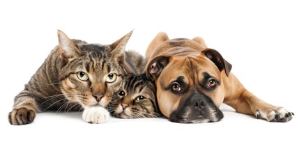 Studio shot of cat and dog cuddling, white background, pets