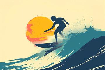 Surfer catching a perfect wave as the sun sets, creating an iconic scene of freedom and adventure.