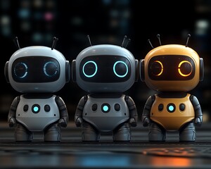 Three cute robots standing in a row.