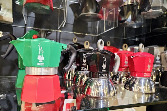 Bangkok, Thailand January 06, 2025 Bialetti moka pots on shelf. Bialetti is an Italian brand of coffee machines, cookware and small kitchen appliances.
