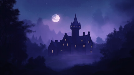Irish castle silhouette under full moonlit sky