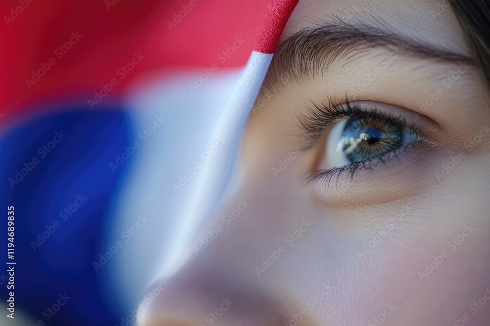 Poster a close-up view of a person's eye with a flag on the iris, perfect for patriotic or symbolic uses