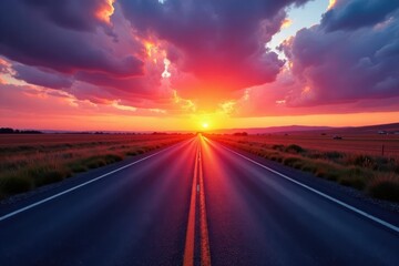 Fototapeta premium Sunrise paints vibrant hues across a rural asphalt highway , yellow, rural highway