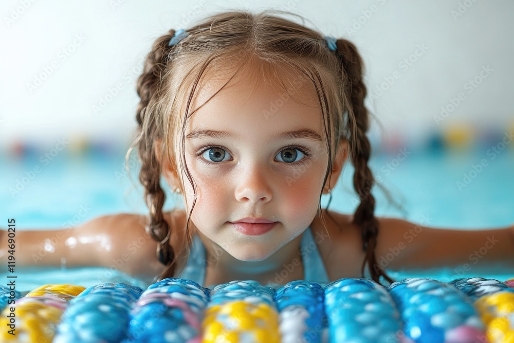 Poster a young child having fun playing with multiple balls in a pool, ideal for use in illustrations about
