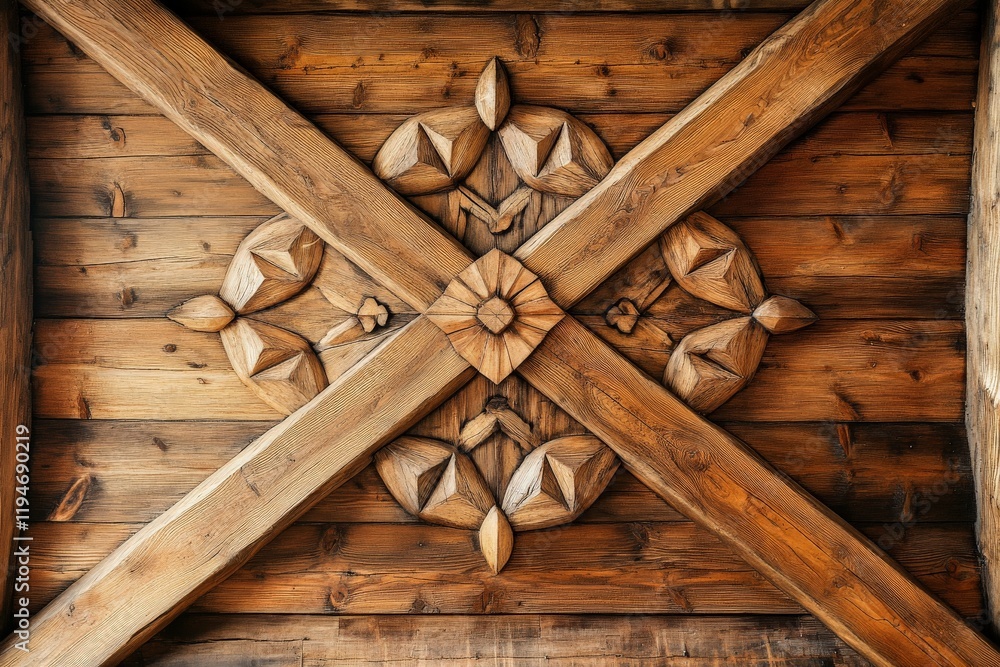 Poster an intricately designed wooden ceiling featuring a cross pattern. the wood's rich textures and the c