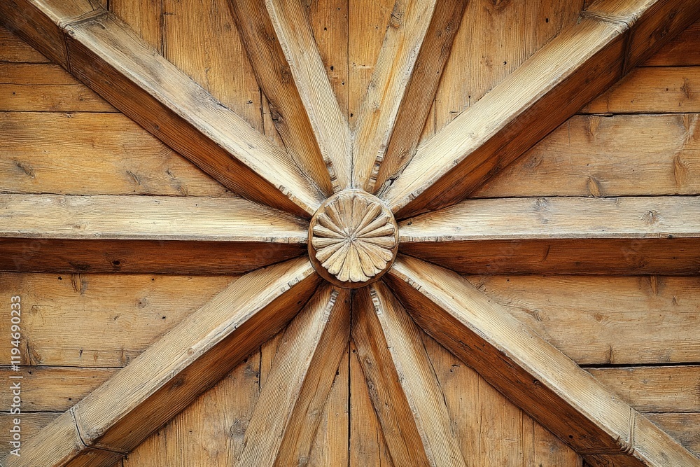 Poster this circular wooden ceiling features radiating beams converging at the center, creating a compellin