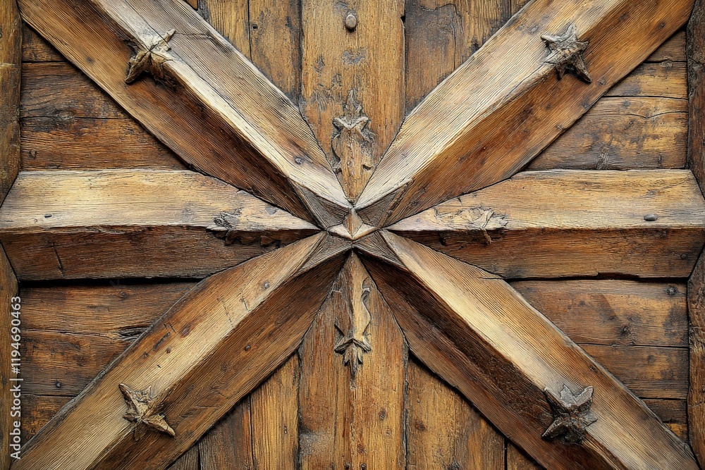Poster featuring a rustic ceiling adorned with a cross-shaped design, this image highlights the rich wood t