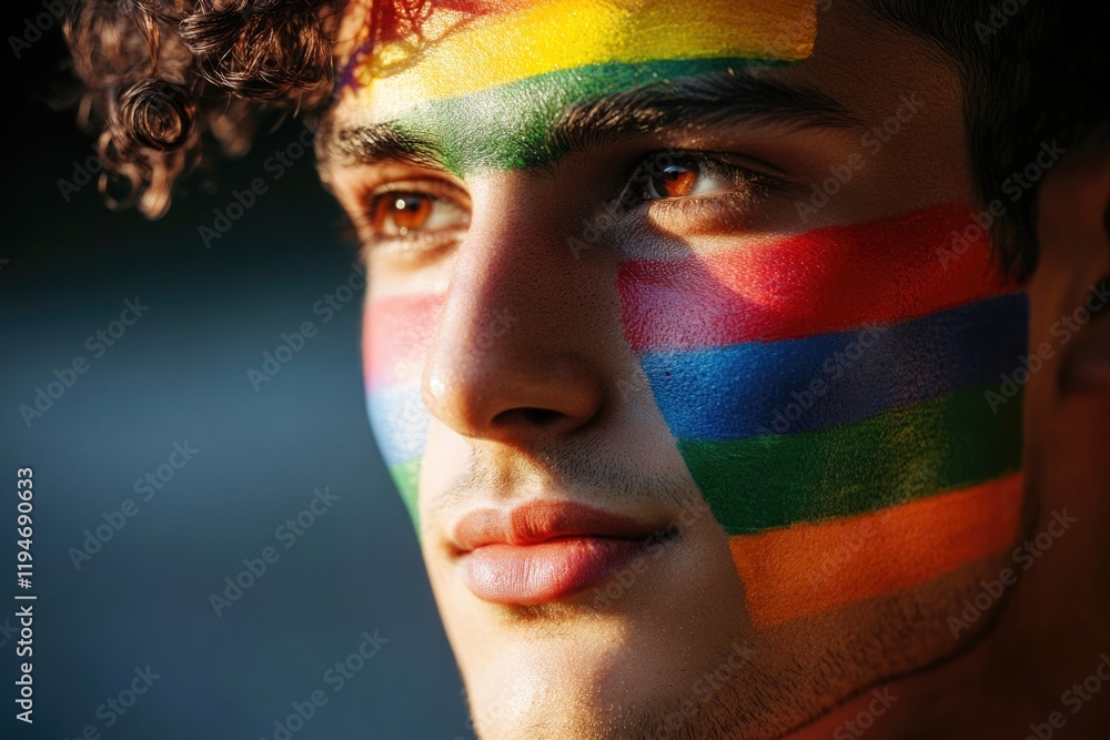 Poster a detailed shot of an individual's face covered in paint and makeup, suitable for use in theater or 