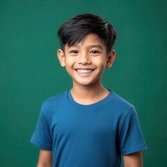 Smiling young boy with short black hair wearing blue shirt