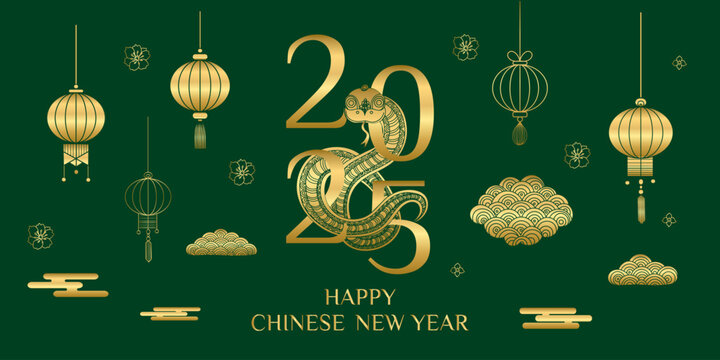 A green poster with gold lettering that says Happy Chinese New Year 2025. The poster features a snake and a dragon, along with other Chinese symbols