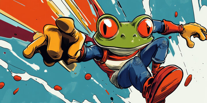 Cartoon illustration of a superhero frog in action-packed comic style pose