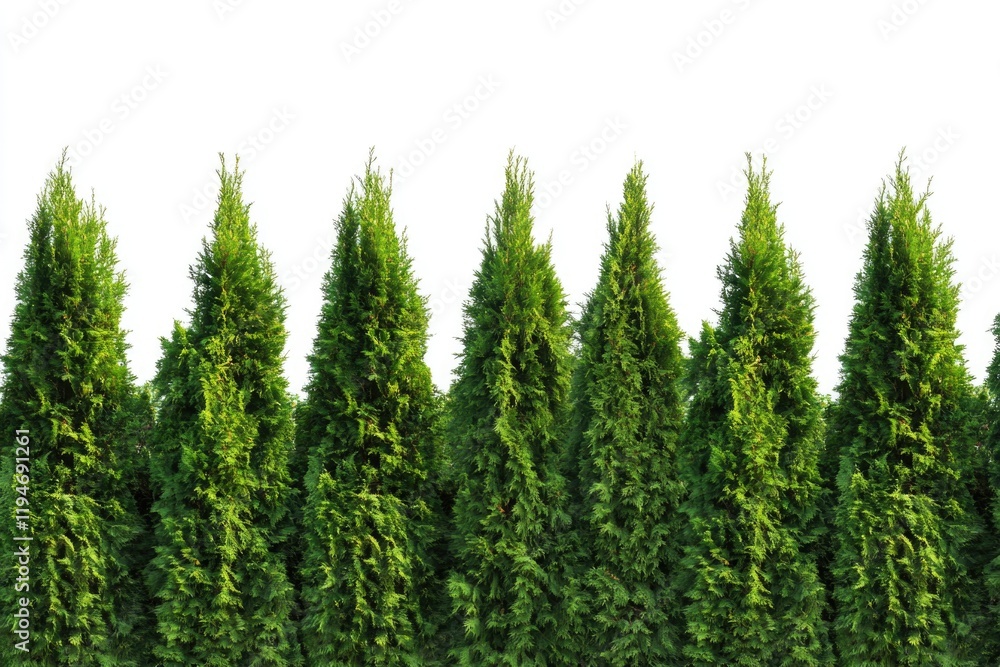 Poster A row of green trees against a bright white background, ideal for use in nature-inspired designs or as a simple background element