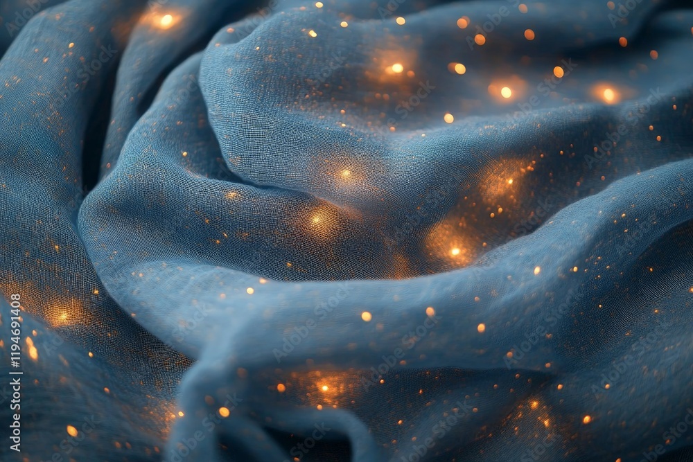 Poster A soft blue fabric artfully draped with bright glowing points of light, creating a dreamy atmosphere and suggesting elegance and serenity in the scene.