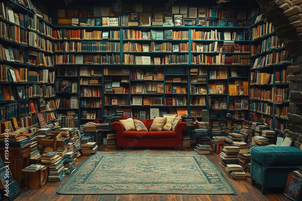 Poster Study area with many books on shelves and a comfortable red couch for reading or relaxation