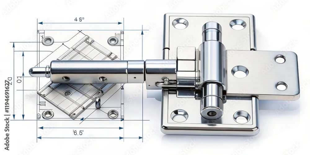 Aufkleber precise engineering of a polished metal hinge with blueprint overlay
