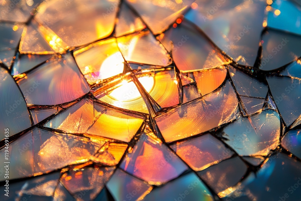 Poster A CD broken into shards creates a kaleidoscopic effect with vibrant light patterns, capturing the essence of transformation and artistic experimentation.