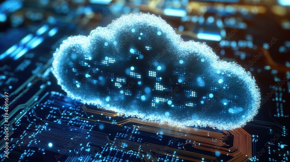 Poster A cloud floating above a circuit board, suitable for technology and innovation concepts
