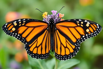 Fototapeta premium The striking orange and black monarch butterfly basks on blooming lavender, highlighting the vibrancy and interconnectedness of natural ecosystems.