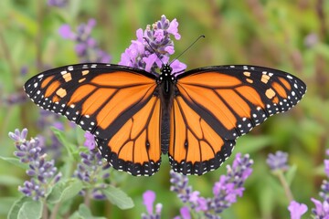 Naklejka premium A monarch butterfly with striking orange and black patterns is showcased on lavender blooms, symbolizing the delicate balance in nature's intricate design.