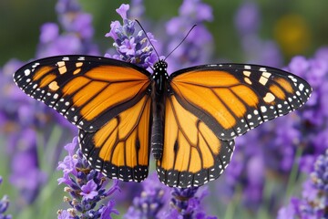 Naklejka premium An exquisite photograph revealing the full span of a monarch butterfly's wings as it basks on a vibrant floral bloom, set against a lush, blurred green backdrop.