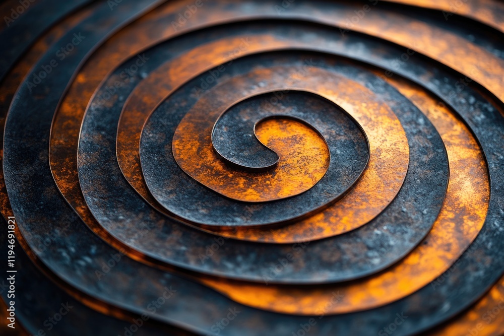 Poster close-up view of a metal plate featuring a spiral design pattern