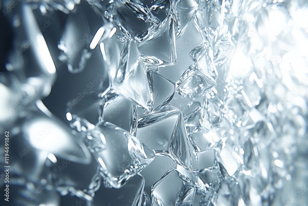 Poster An abstract close-up image of geometric ice crystals with intricate reflections capturing the purity and coldness of frozen water, evoking a futuristic feel.