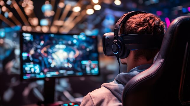 A gamer participating in virtual reality esports tournaments with global competitors, Virtual competition scene, Futuristic style