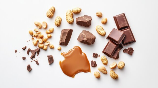 Overhead view of creamy caramel and chocolate arrangement with scattered peanuts on a white background