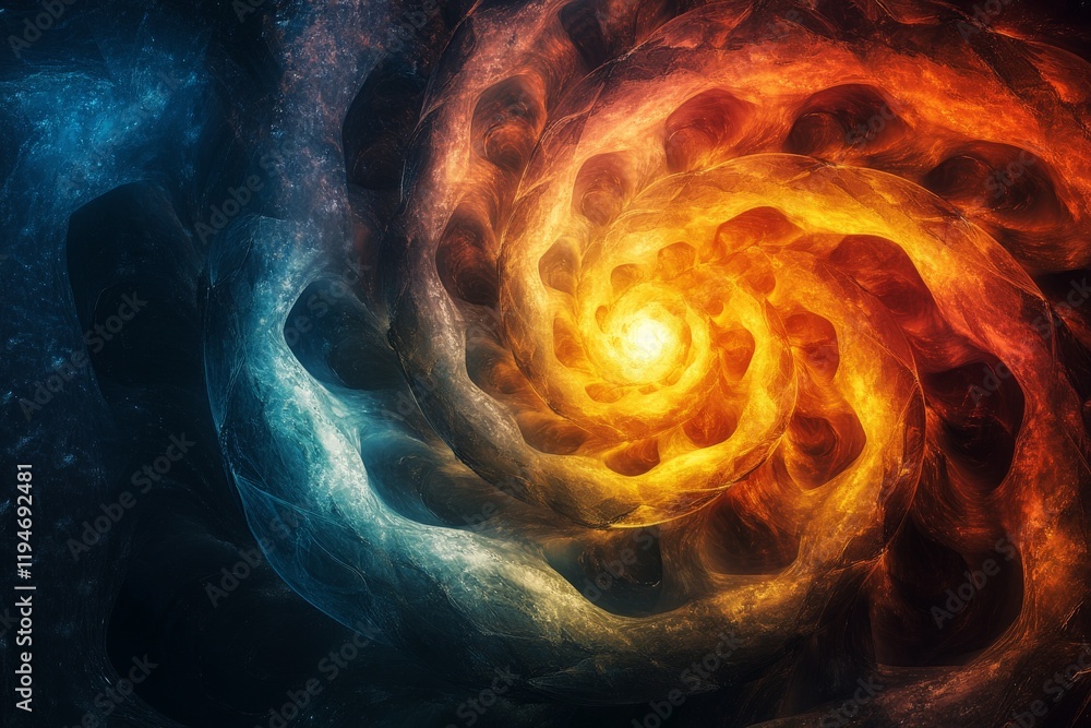 Poster a mesmerizing spiral in fiery shades of orange, yellow, and blue creating a captivating abstract des