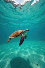Fototapeta premium A majestic green turtle glides through the calm Caribbean Sea on a sunny afternoon, coral reef , ocean