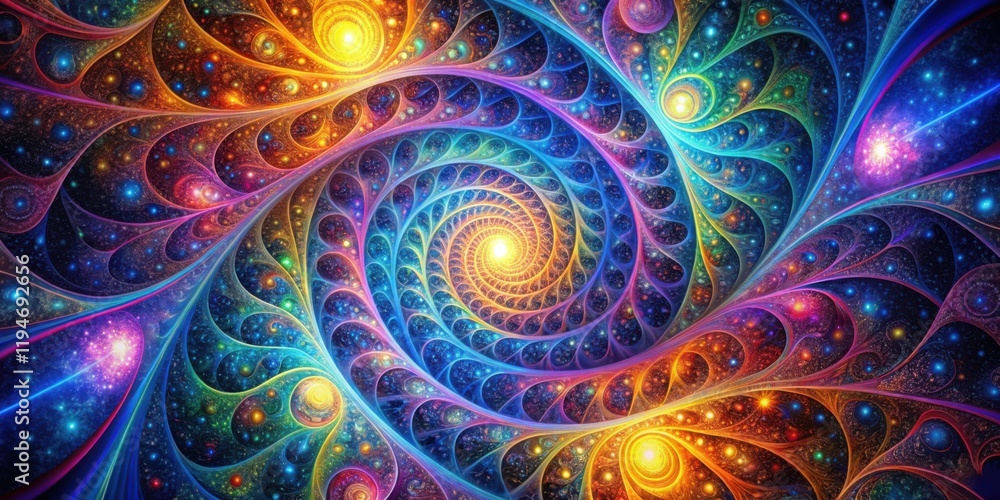 Poster cosmic spiral galaxy nebula with vibrant hues and intricate patterns