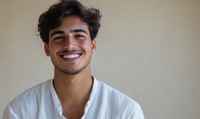 Obraz premium A cheerful young man wearing a white shirt smiles brightly against a neutral background, embodying happiness and positivity. The image portrays an atmosphere of warmth and confidence