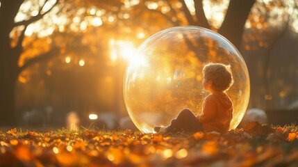 Child in protective transparent bubble sitting in park, sunset, soft warm light