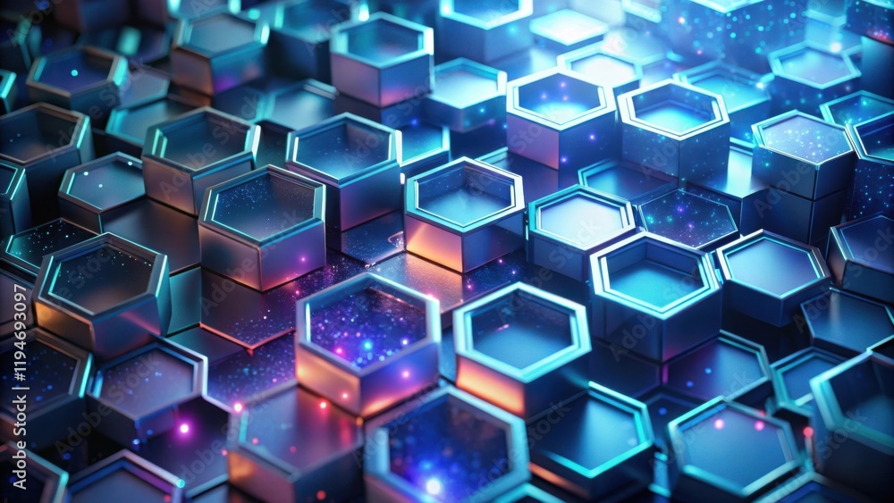 Poster abstract hexagonal pattern with glowing lights and cosmic dust
