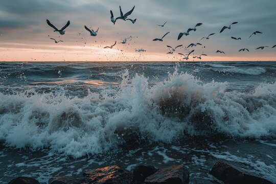 A mesmerizing coastal scene with seagulls soaring over the foamy waves crashing onto a rocky shore, all under the glow of a golden sunset sky on the horizon.