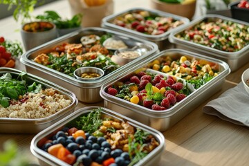 Obraz premium Assortment of healthy meals in stainless steel containers, showcasing vibrant colors and fresh ingredients.