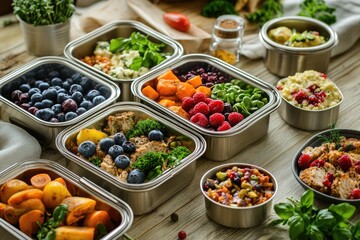Healthy meal prep containers with various fruits, vegetables, and proteins for a balanced diet.