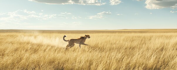 A cheetah sprinting across the open grassland in full motion, 4k photo.