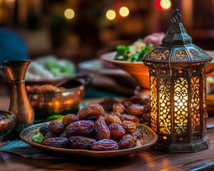 Iftar Table with Dates, Nuts, and Lanterns during Ramadan Generative AI