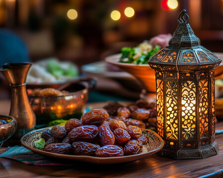 Iftar Table with Dates, Nuts, and Lanterns during Ramadan Generative AI