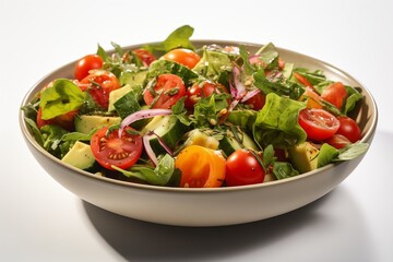 Fresh and colorful salad featuring tomatoes, greens, and onions, perfect for healthy meals and vibrant presentations.