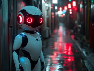 Fototapeta premium Futuristic robot standing in a dark, neon-lit alleyway.