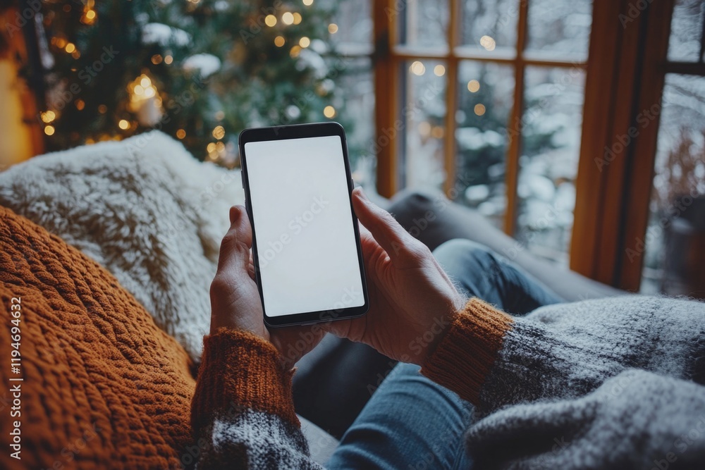 Poster A person sitting on a couch with a smartphone in hand, potentially checking messages or browsing