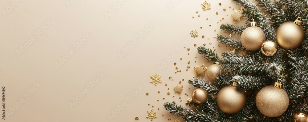 Sticker A stylish top view Christmas tree cutout design adorned with sparkling ornaments and golden decorations, set against a soft beige background creating a festive and elegant holiday atmosphere