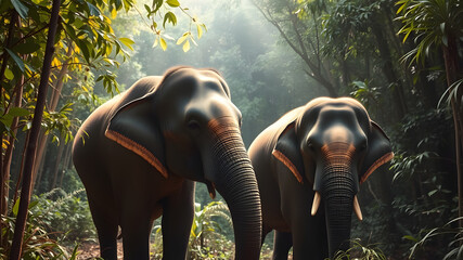 Fototapeta premium Thai elephant in the dense forest There was some light sent down.